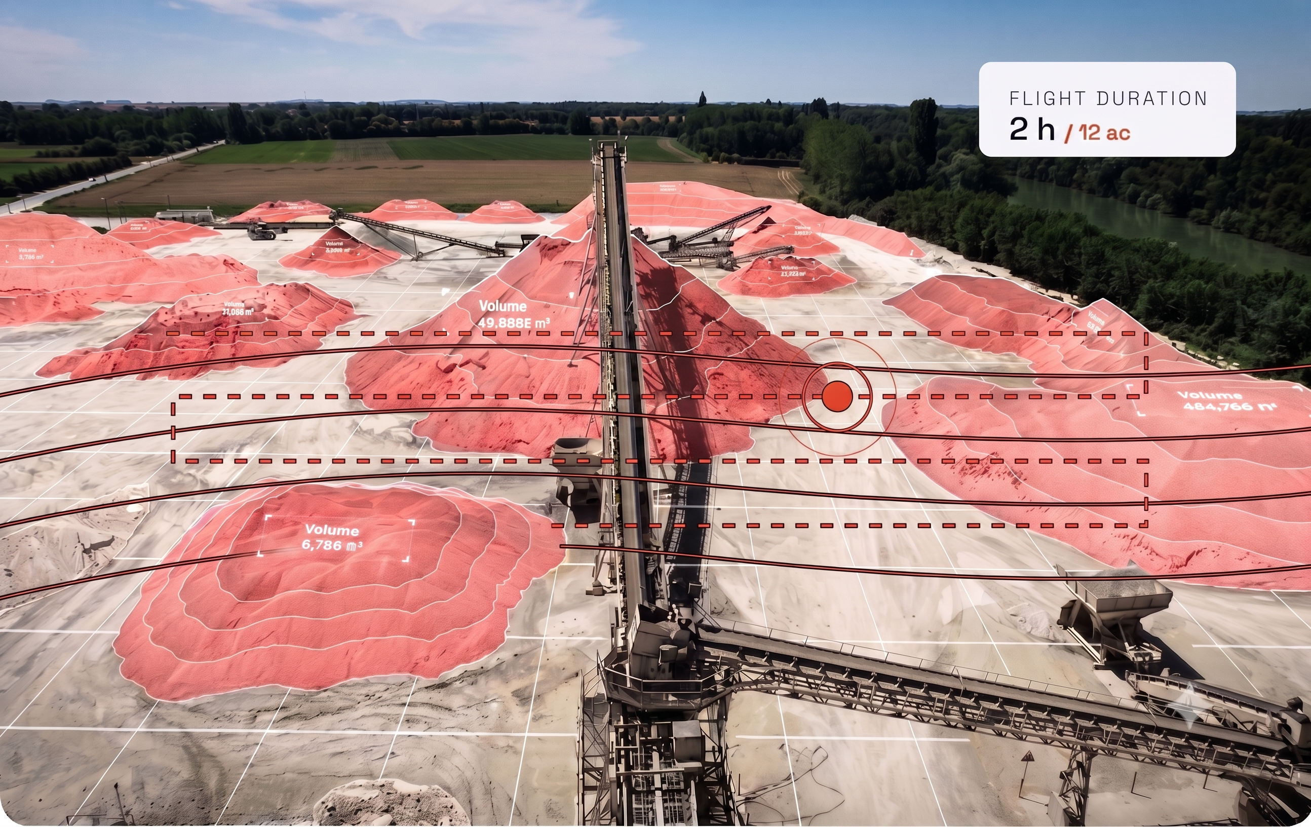Drone survey of a site with stockpile volume calculations