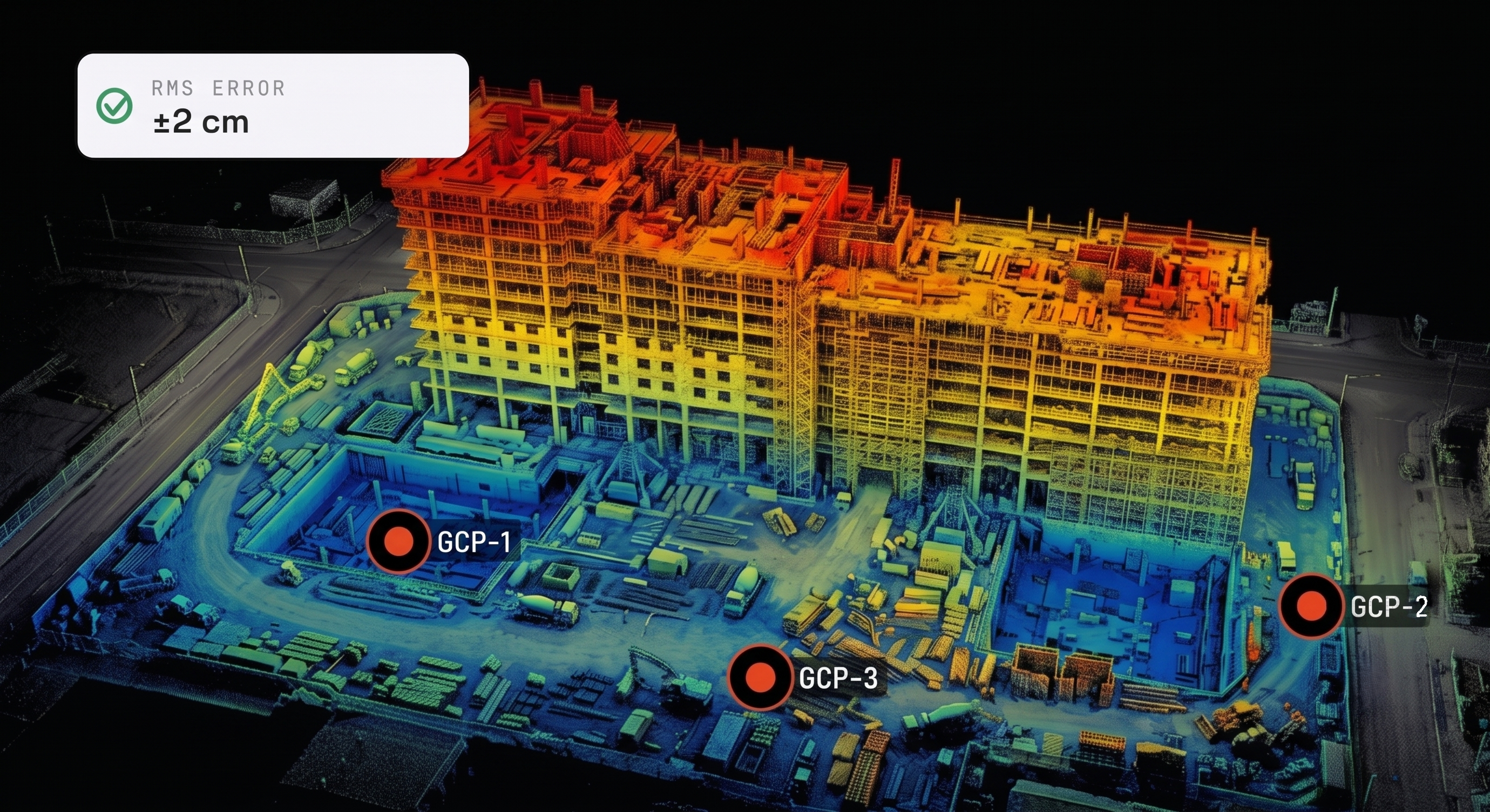 Point cloud of a building under construction with GCP control points and RMS accuracy
