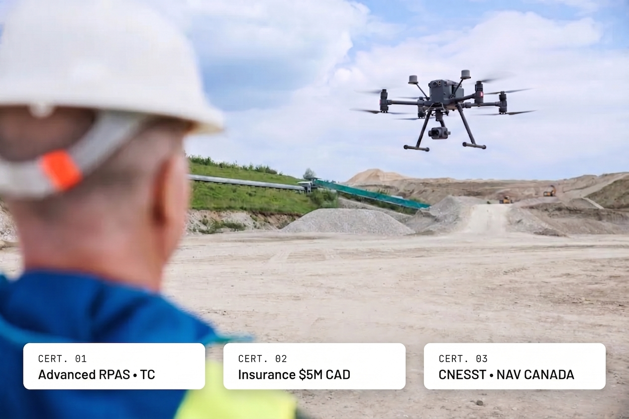 Certified drone pilot flying over a job site in regulatory compliance